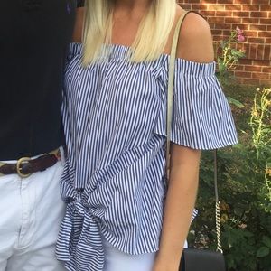 DO + BE navy & white striped off the shoulder top